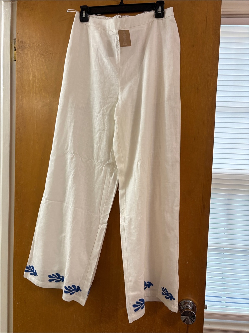 vestique White Wide Leg Pants with Blue Embroidered Hem Detail